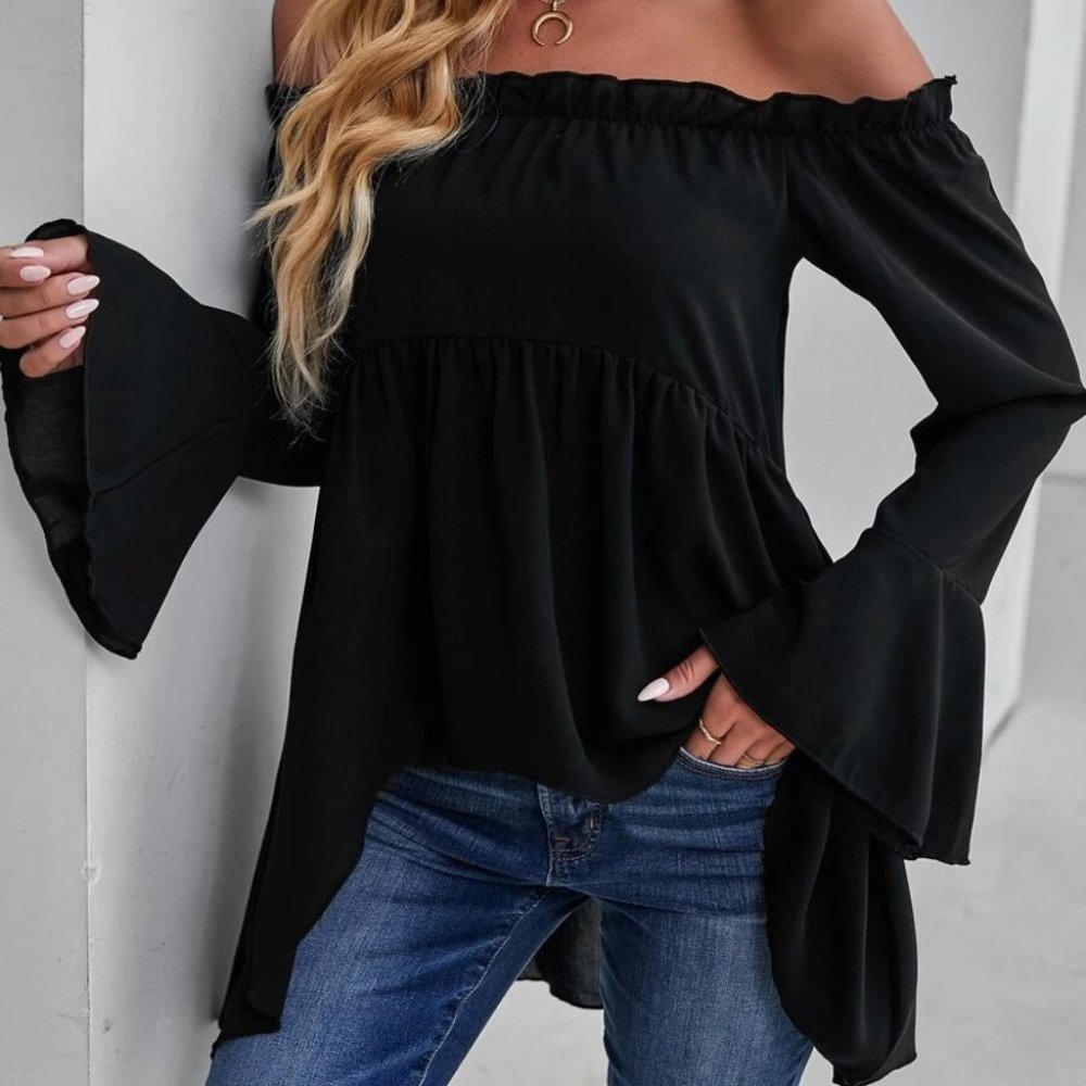Black Off-shoulder High Low Blouse - Picture 5 of 7